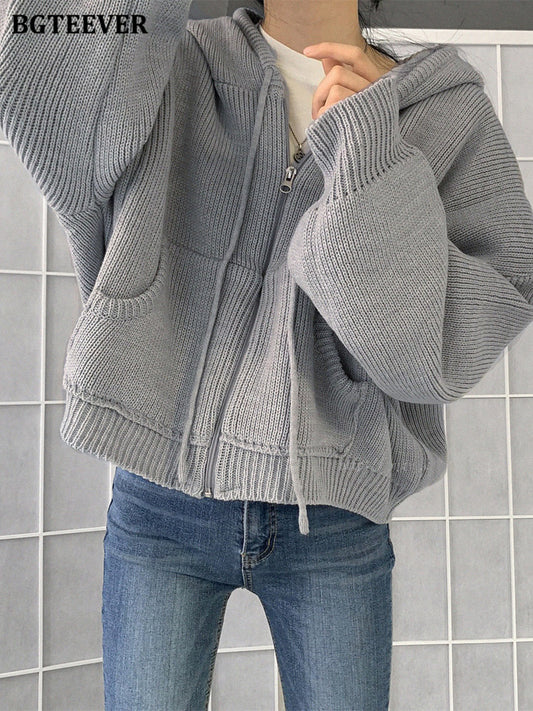 Hoodie Zip Up Knit Sweater